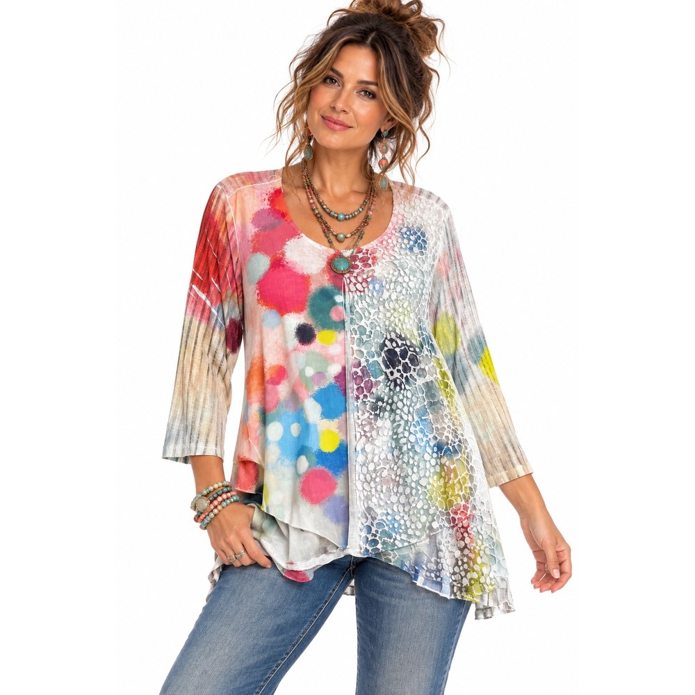 Ali Miles 1X Tunic Top Multicolor Abstract Lace Burnout Asymmetrical Hem